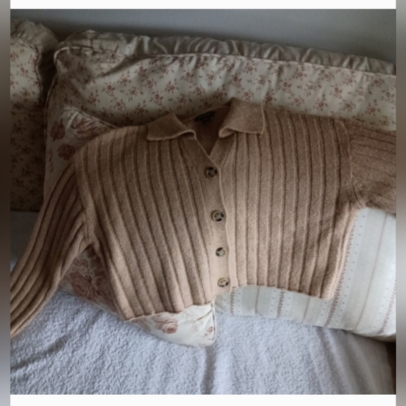 Women's Ribbed Button-Up Sweater - Tan - Picture 2 of 2